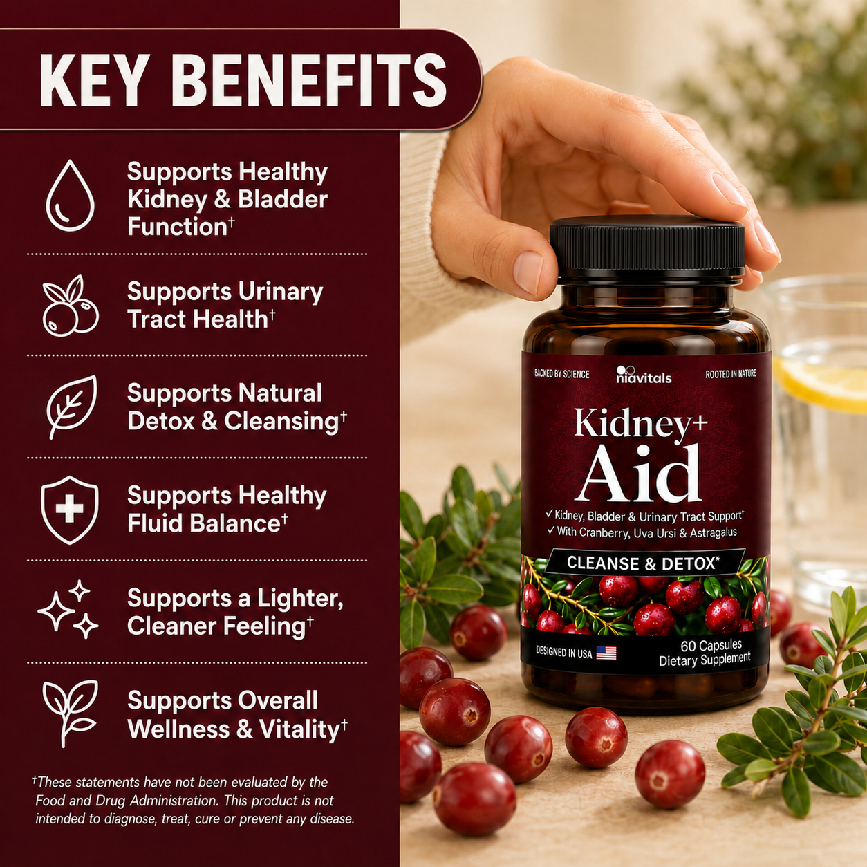 Niavitals Kidney+ Aid Kidney Stone & Urinary Tract Support