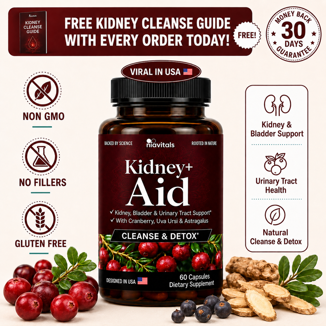 Niavitals Kidney+ Aid Kidney Stone & Urinary Tract Support