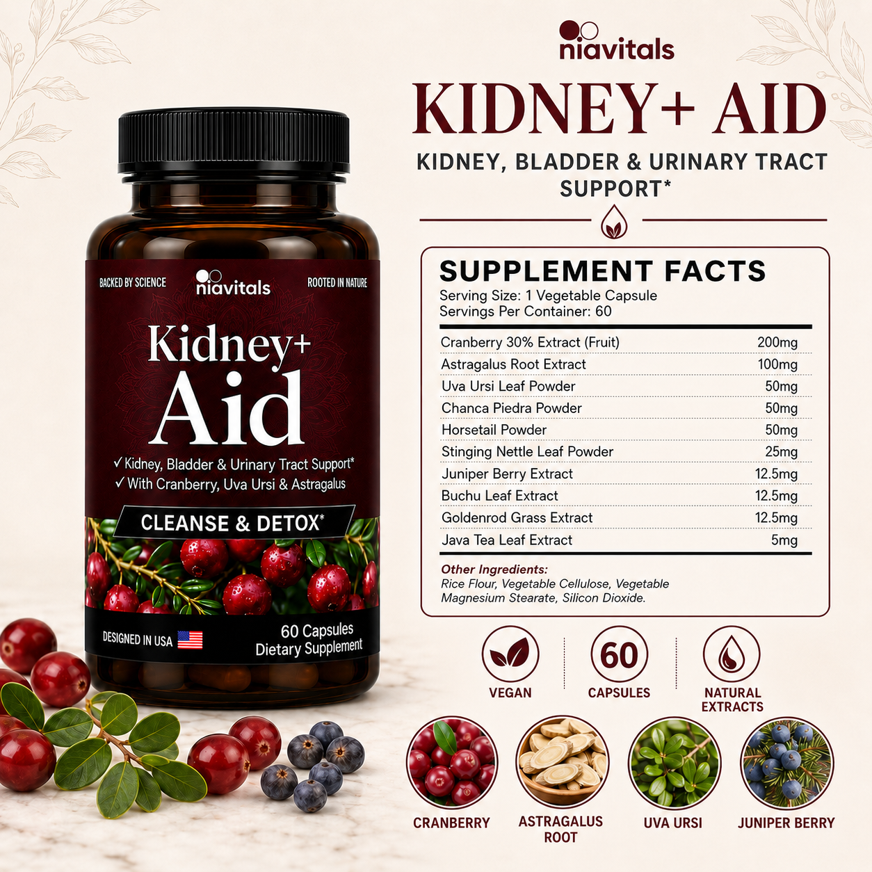 Niavitals Kidney+ Aid Kidney Stone & Urinary Tract Support